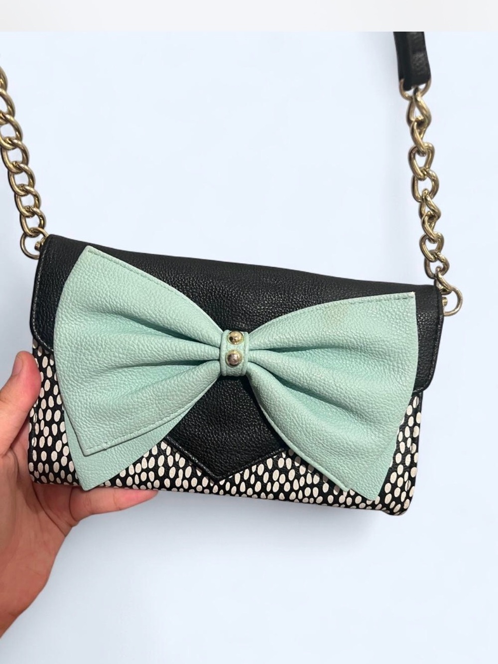 Mint Bow Accent Black Crossbody Bag by Betsy Johnson